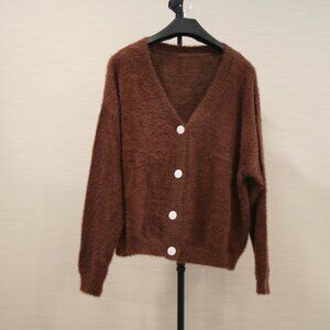Brown Fuzzy V-Neck Cardigan Size XL